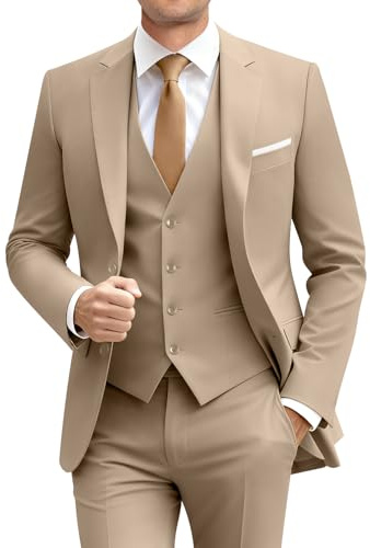 Men's Suits Slim Fit 3 Piece Suit Blazer Vest Pants Set Formal Wedding Suit Mens Business Prom Solid Homecoming Suits for Men Champagne Two Button Men Tuxedos for Party S