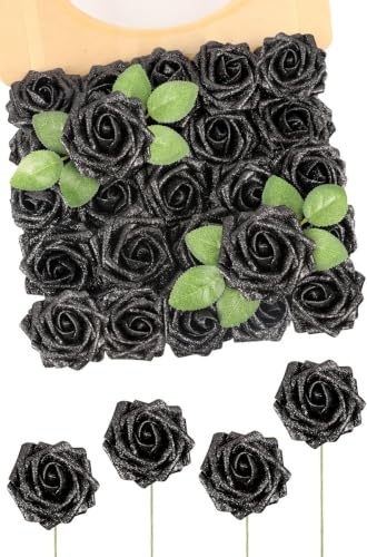 N&T NIETING Artificial Flowers Glitter Rose, 25pcs Fake Roses with Stems | Real Touch Faux foam Roses Flowers for Wedding Bouquets Party Home Halloween Christmas Decoration(Black)