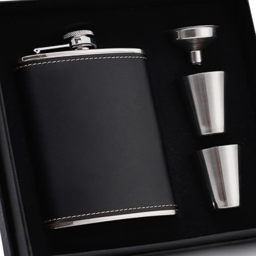 Eiarrnp Set fiaschetta con imbuto e 2 bicchieri da vino, capacità 200 ml, per whisky, vino, liquori e liquori, fiaschetta per uomo, padre, nonno, fidanzato e testimone, confezione regalo nera