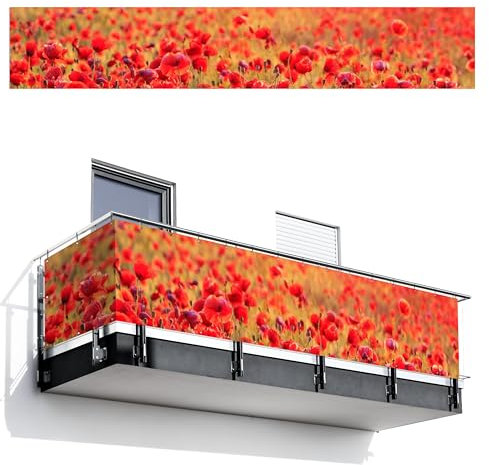 MuchoWow© Balkon Sichtschutz Einseitig 85x500 cm Groß PVC Kunststoff Garten Windschutz ohne Bohren Wetterfest Sichtschutzzaun Terrasse Balkonverkleidung Deko Mohnblumen - Blumenfeld - Natur