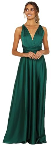 Jamron Femme Elégant Col en V Profond Robe Satin de Soirée Multi Way Robe Portefeuille Robe de Bal Maxi Longue Vert SN0703227 L