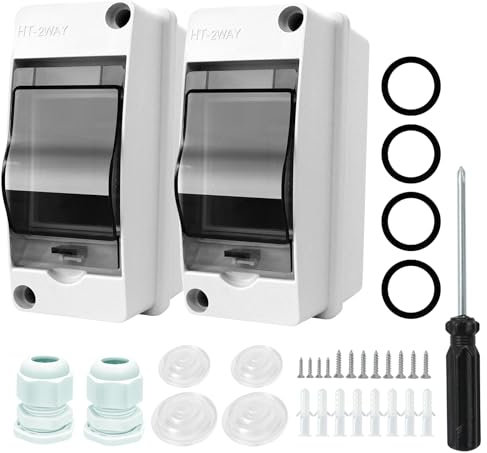 RAFIYU 2 Pezzi Quadro Elettrico Esterno di Superficie, Scatola Stagna IP65, Cassetta Quadro Elettrico di 2 moduli con 4 connessioni, per Giardini Esterni, Fattorie, Stazioni di Ricarica