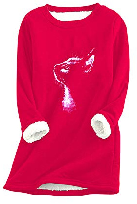 EFOFEI Mujer Suéter De Patrón De Gato Casual Suéter De Manga Larga Suéter De Cuello Redondo Lindo Cat Claw Estampado Blusa De Corsé Suave Y Cómoda Blusa para El Hogar Gato Rojo L