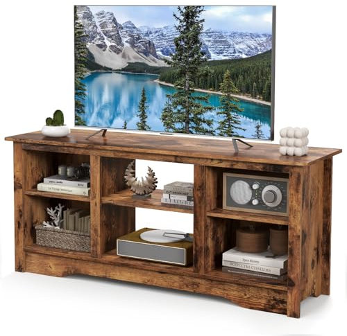 Soporte de madera para TV de 65 pulgadas con estantes ajustables, centro de entretenimiento multimedia para sala de estar, dormitorio, mesa consola con chimenea eléctrica de 18 pulgadas, color marrón