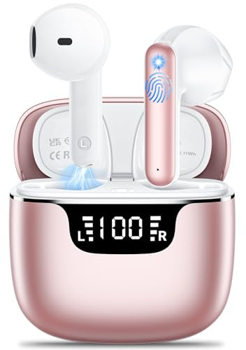 kauguo Wireless Earbuds,Wireless Headphones Bluetooth 5.3 Headphones in Ear with 4 ENC Mic Mini Ear buds HiFi Stereo LED Display Earphones 42H Playtime Earphones Touch Control IP7 Waterproof Pink