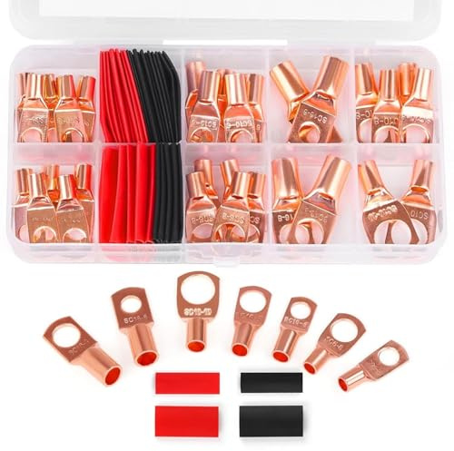 60-Pack Ring Crimps Terminals Connectors with heat shrink- Oxygen-Free Copper Tube Connectors for Automotive/Marine/Electrical Systems, Battery Terminal & Ground Wire Lugs (SC 6/SC 10/SC 16)