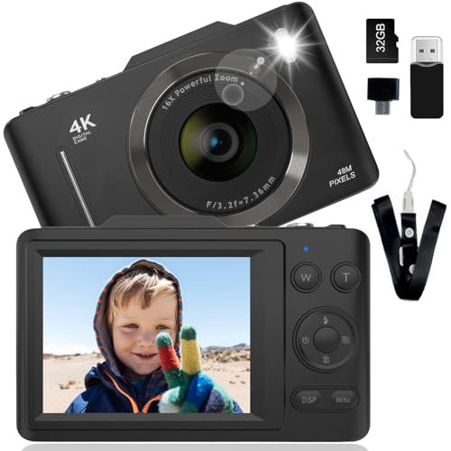 Digital Camera, Compact Digital Cameras 48MP 1080P Vlogging Camera with Flash Autofocus Anti Shake Portable Camera for Kids Beginner with 32GB Memory Card