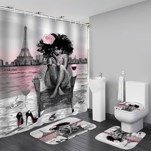 KOKGYM 4Pcs Black Girls Bathroom Sets with Shower Curtain and Rugs, African Shower Curtain Set for Women, Eiffel Tower Pink Pattern Waterproof Fabric with 12 PCS Hooks, Cortina de baño Set completo