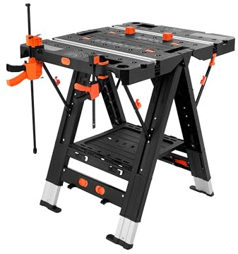 The Workplace Depot Folding Saw Horse Workbench – Dual-Mode Workbench & Saw Horse, Adjustable Height, 300 kg Capacity, Fold-Flat Portable for Tradespeople & DIY Enthusiasts