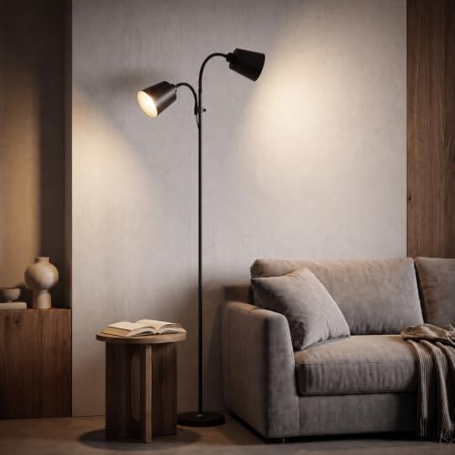 LQWELL Stehlampe Schwarz, Standleuchte Höhe 180cm, 2x E27 Fassung, Verstellbarem Lesearm, Doppelschalter, Kabellänge ca.180cm, exkl. 2x E27 für Wohnzimmer, Schlafzimmer, Büro