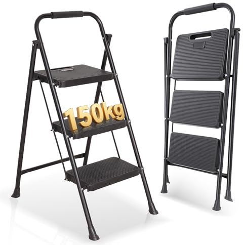 OUTIGO Escalera Plegable de 3 peldaños, pequeña, con Mango de Goma, diseño Antideslizante, Fabricada en Acero de aleación, Capacidad de Carga de hasta 150 kg, portátil, Ideal para el