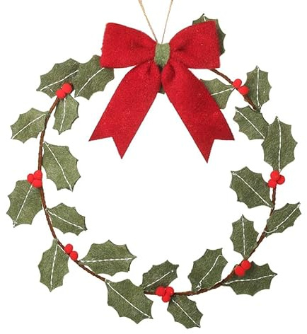 Heaven Sends Corona de acebo de fieltro verde con lazo rojo, 40 cm, corona de Navidad artificial con bayas, decoración de puerta de Navidad para paredes, chimeneas y exhibiciones festivas