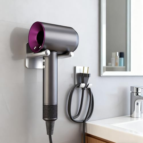 Trlyane Porta Phon Compatibile con Dyson,Porta Phon Senza Forare Supporto da Parete per asciugacapelli Porta Phon per Incollare, Alliage d'aluminium (Argento)