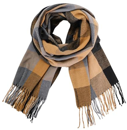 Glamexx24 Écharpe d'Hiver à Carreaux pour Femme, ensemble en tricot écharpe couverture carrée surdimensionnée foulard motif à rayures franges poncho, Noir-Beige-Gris