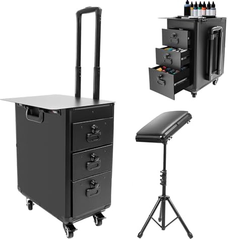 Kosmetikkoffer Trolley mit Werkbank und 3 Schubladen, Groß Kosmetik Trolley Make up Koffer Schminkkoffer mit Rollen & Kombinationsschloss,Mobile Makeup-Station (Metallplatte)