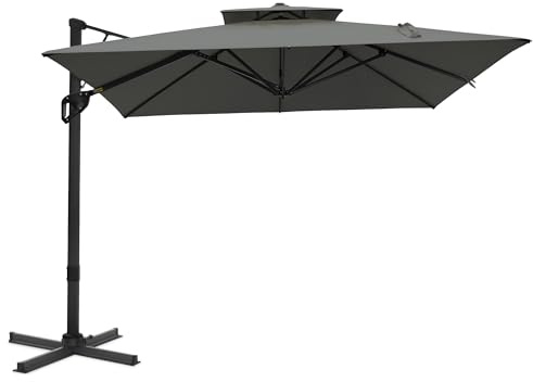 PHI VILLA Sonnenschirm Rechteckig, 360x270cm Ampelschirm Groß Wetterfest für Terrasse Garten, Sonnenschutz UV50+ 360-Grad Drehbar mit Fußpedal und Kreuzsockel