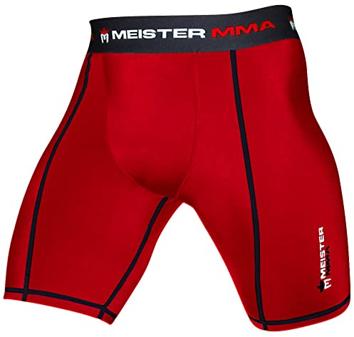 Meister Pantaloncini a Compressione MMA Rush Fight con Tasca per Coppa, Rosso, Medium (32-33)