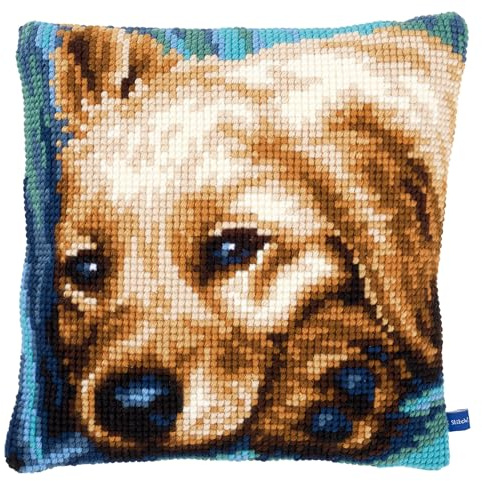 Vervaco Kreuzstich Stickpackungen Kissen Stickerei Set Anfänger Vorgedruckt Hund DIY Set Kreativ Set Für Erwachsene Dekoratives Kissen ca. 40 x 40 cm Bastelset Handwerker Haus Dekoration