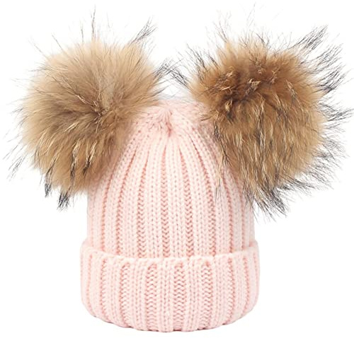 feifanshop Damen Unisex Wolle Mütze Strickmütze Fellbommel Groß Waschbär Fell Pelz Bommel Strick Mütze Winter-Mütze Bommelmütze