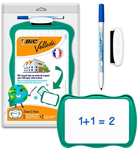 BIC Velleda Pizarra Blanca Pequeña de Doble Cara con 1 Borrador y 1 Rotulador Azul, Material Oficina, 21x31cm, Óptimo para material escolar