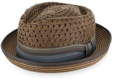 Belfry Men Women Summer Straw Porkpie Vented Trilby Fedora Hat in Blue Tan Black Brown Burgundy (US, Alpha, Large, Chocolate)