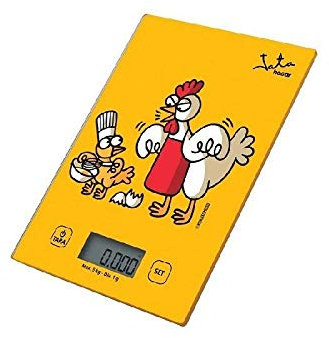 Jata 731K - Bascula Cocina Digital, Balanza Cocina Alta precisión, Peso hasta 5 kg, Pantalla LCD, Función tara, Base vidrio, Diseño Kukuxumusu, Medidas: 14 x 20 x 1,5 cm. Desconexión automática