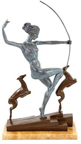 Art Déco Bronzeskulptur - Diana with Fawns - signiert A. Bouraine - Mythologische Statue - braun/grün - Höhe: 36 cm - Marmorsockel - Luxuriöse Dekofigur - Kunst online kaufen