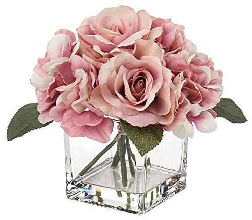 Briful Kunstblume mit Vase Künstliche Rosen Hortensien Kunstrosen Blumengesteck Kunstpflanzen Deko im Glastopf mit Kunstwasser Hochzeitsdeko Fensterbank Tisch Badzimmer Herbst Dekoration
