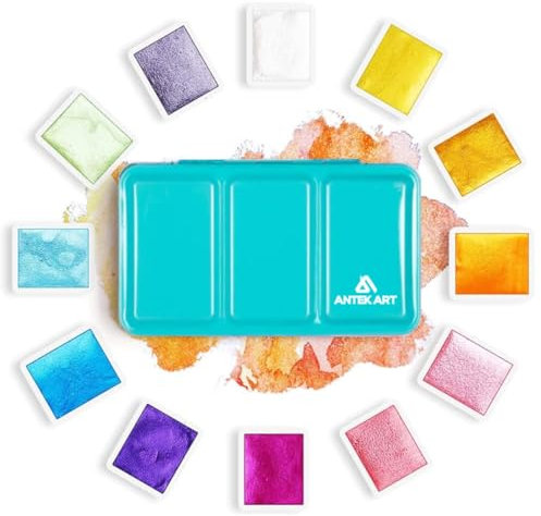 ANTEK ART® Aquarellfarben Set [12x Metallic Glitzerfarben] – Aquarell Set unterwegs im Metallkoffer inkl. Mischpalette – Wasserfarben in Künstlerqualität