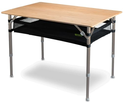 CamperWave XXL Design Campingtisch mit Bambus-Tischplatte inkl Aufbewahrungsnetz und integriertem Flaschenöffner