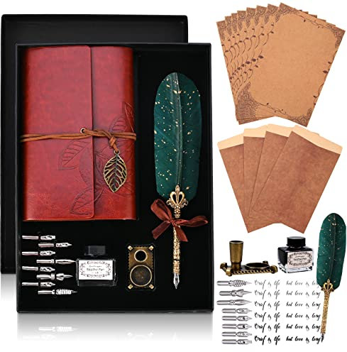 Cieex Schreibfeder Kalligraphie Feder, Handgemachte Dip Pen, Vintage Federkiel Dip Quill Pen Writing Ink Set für Schreibwaren Geschenk