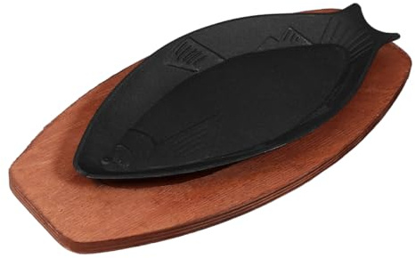 Angoily Small Cast Iron Skillet with Wooden Base, Creative Fish-Shaped Japanese Steak Plate Set for Restaurant Kitchen Cooking Pan Grilling Meats (12.18 X 5.5 X 0.98 inch)
