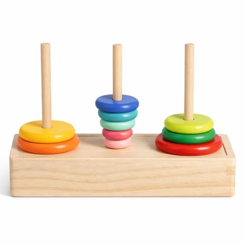 SPYMINNPOO Logica Puzzles Art, Tower of Hanoi Stapelspielzeug mit 10 Ringe Puzzle Holz Logik Baby Stapelset Spielzeug mit Aufbewahrungsbox für Kinder ab 5 Jahren(Turm von Hanoi in großer Kiste)
