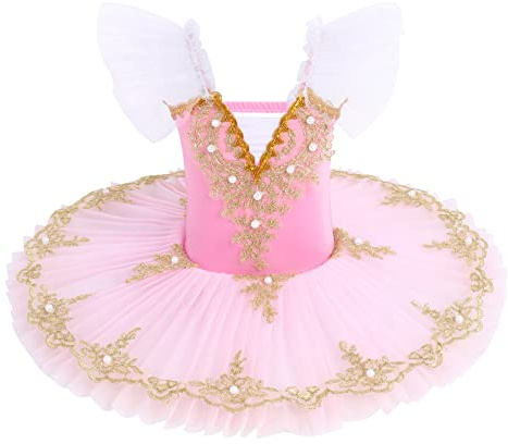Kinder Ballett Tutu Rock Ballerina Kostüm Mädchen Tanzkostüm mit Tüll Gymnastik Tanz Trikot Kleid Einfarbig Langarm Latin Jazz Dance Kostüm Kinder Spitze Bestickte Tutu Rock Dancewear Rosa 13-14 Jahre