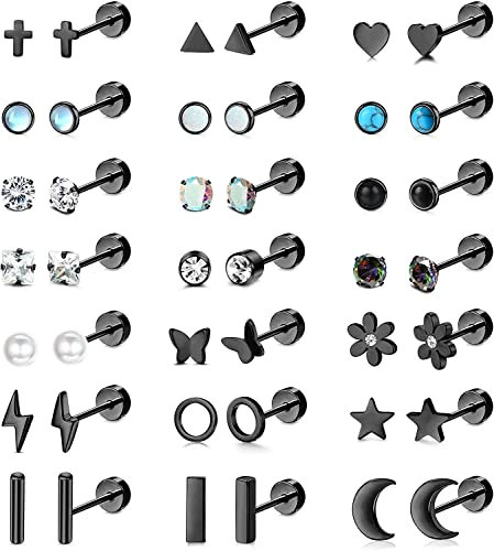 ADRAMATA 21 Paar Ohrstecker Chirurgenstahl Ohrringe 𝐒𝐜𝐡𝐰𝐚𝐫𝐳 für Damen Herren Winzige Knorpelohrringe Ohrstecker für Knorpel Tragus Daith Helix Ohrpiercing Flache Rückseite Ohrringe