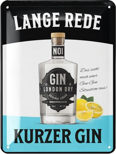 LANOLU Retro Blechschild GIN - LANGE REDE KURZER GIN Schild Bar Deko mit lustigem Spruch - Metallschilder vintage Deko für Partyraum, Irish Pub und Küche 15x20cm