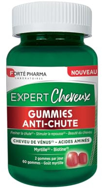 Forté Pharma - Expert Cheveux Gummies Anti-Chute | Gummies Cheveux - Chute de Cheveux - Goût Myrtille | Freine la chute & stimule la Repousse | Tous Types de Chutes | 60 gommes à mâcher = 1 mois