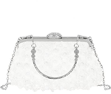 MilyaDE Damen Perlen Blumen Clutch Strass Hochzeit Braut Brautjungfer Handtasche Party Abendtasche Umhängetasche mit Handgriff Kette Gurt, Weiß