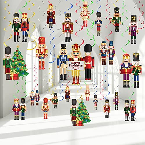 30 Pieces Christmas Nutcrackers Decorations, Xmas Holiday Soldier King Nutcracker Sign Hanging Swirls Ceiling Decorations for Indoor Outdoor Happy Christmas Holiday Party Decoration (Nutcracker)