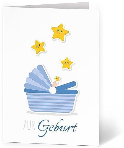 XXL Glückwunschkarte (A4) zur Geburt Junge Blau Sterne - hochwertige Klappkarte | Große Karte Grußkarte Glückwunsch mit Umschlag Baby Eltern