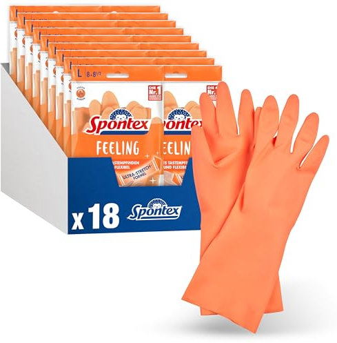 Spontex Feeling Haushaltshandschuhe, 18 Paar, für alle feinfühligen Putz- und Pflegearbeiten im Haushalt, hohes Tastempfinden, Größe L (18 x 1 Paar)