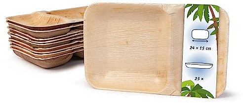 onlyleaf Palmware - Platos de hojas de palma I Plato de menú desechable de 25 piezas hecha de hoja de palma rectangular de 24x15cm con 2 compartimentos separados