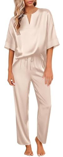 Ekouaer Ensemble de Pyjama Femme en Satin Manche Courte Vêtements de Nuit pour Toutes Les Saisons Soie Sleepwear Pantalons Longs Style Classique,S-XXL