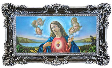 LIGUORO SHOP Quadro del Sacro Cuore di Gesù Riproduzione Stampata su Banner Telato con Cornice Barocca cm 96X56 (Nero/Argento)