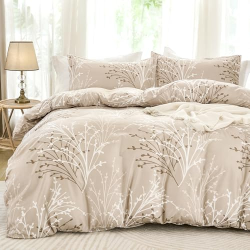 Fondream Beige Bedding Branch Duvet Cover Double 3 Pieces Botanical Printed Pattern Bedding Set Soft Microfiber Bedding Cover with 2 Pillowcases (Double,3Pcs)