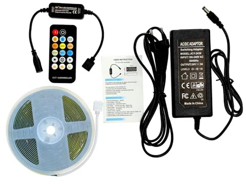 Jandei – Tira Led COB 24V CCT Luz Blanca de 2700K a 6000K, 3020 Leds. Ancho Tira 10mm x Largo 5 metros, Adhesiva, Flexible. Incluye Transformador, Controlador, Mando a Distancia y Cables