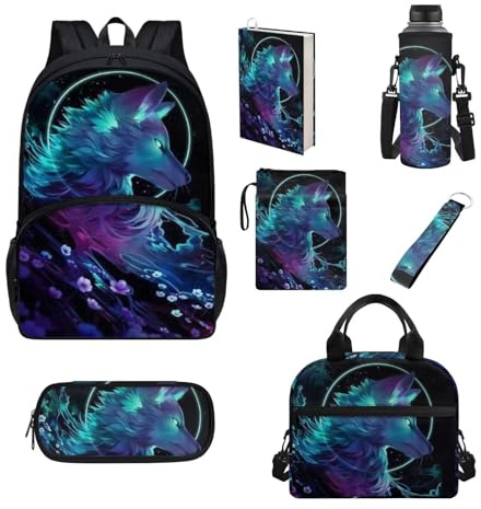 Belidome 7-teiliges Rucksack-Set für Grundschule, Mädchen, Jungen, Büchertasche, Lunchtasche, Federmäppchen, wolf, Einheitsgröße, Schulranzen-Set