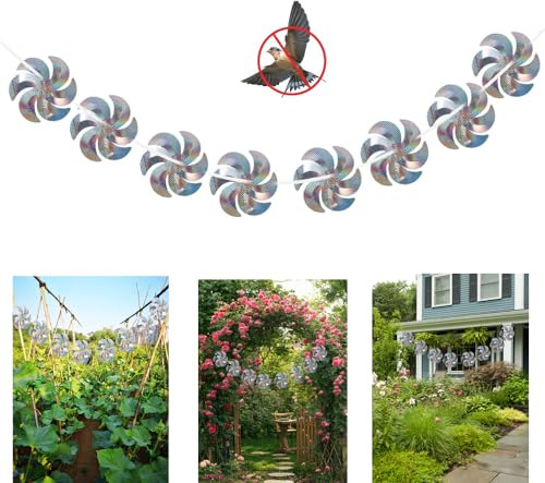 10 metros de 8 piezas de cuerdas reflectantes, molinos de viento para ahuyentar pájaros brillantes, repelentes de pájaros, molinillos de viento para disuadir a los pájaros lejos del patio, jardín,