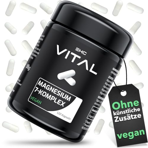 EHC Vital® Magnesium 7-Komplex – Premium aus 7 hochwertigen Magnesiumquellen | 201,5 mg reines Magnesium pro Kapsel | hochdosiert, vegan, laborgeprüft | 120 Kapseln im Miron-Glas