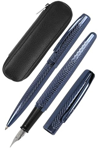 Online set d'écriture Eleganza│ ensemble de stylo-plume & stylo-bille & étui en cuir │plume iridium M │ réchargeable │ coffret cadeau │ couleur bleu nuit